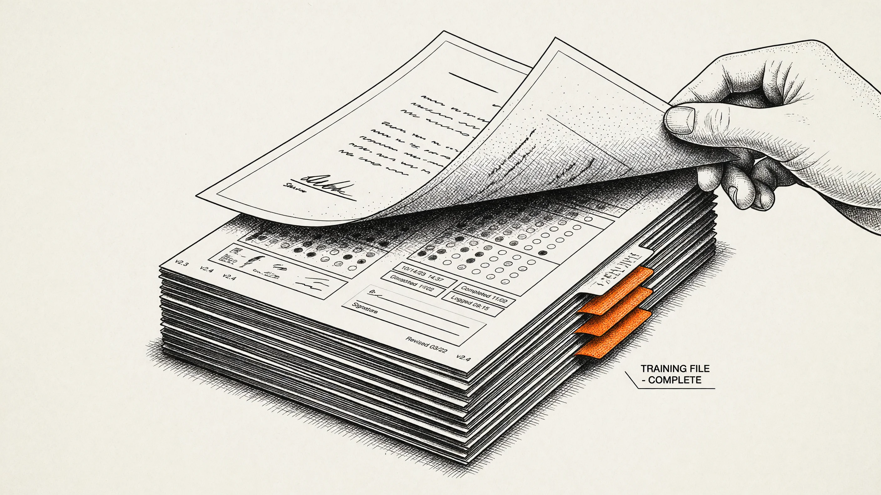 A single training certificate lifted to reveal the full evidence stack behind it: versions, quiz attempts, timestamps, and signatures for one driver.