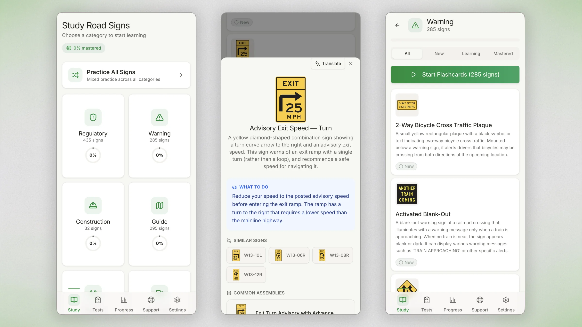 Road Signs app showing six sign categories with sign count per category, an example regulatory sign with full explanation of meaning and required driver action, and a browsable list of signs within a category