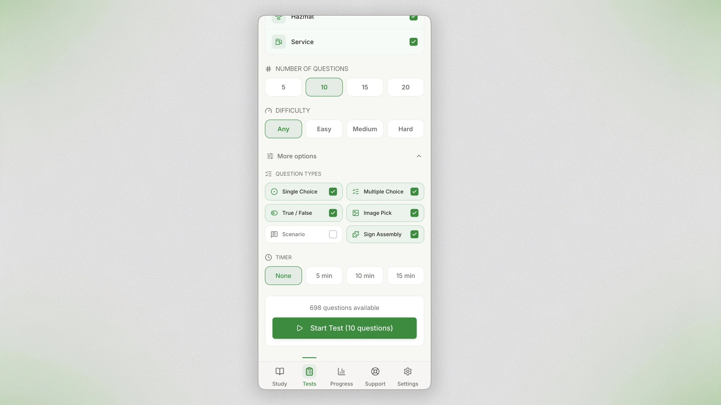 Road Signs custom test builder showing category selection, difficulty filters, question type toggles, timer options, and a live count of available questions