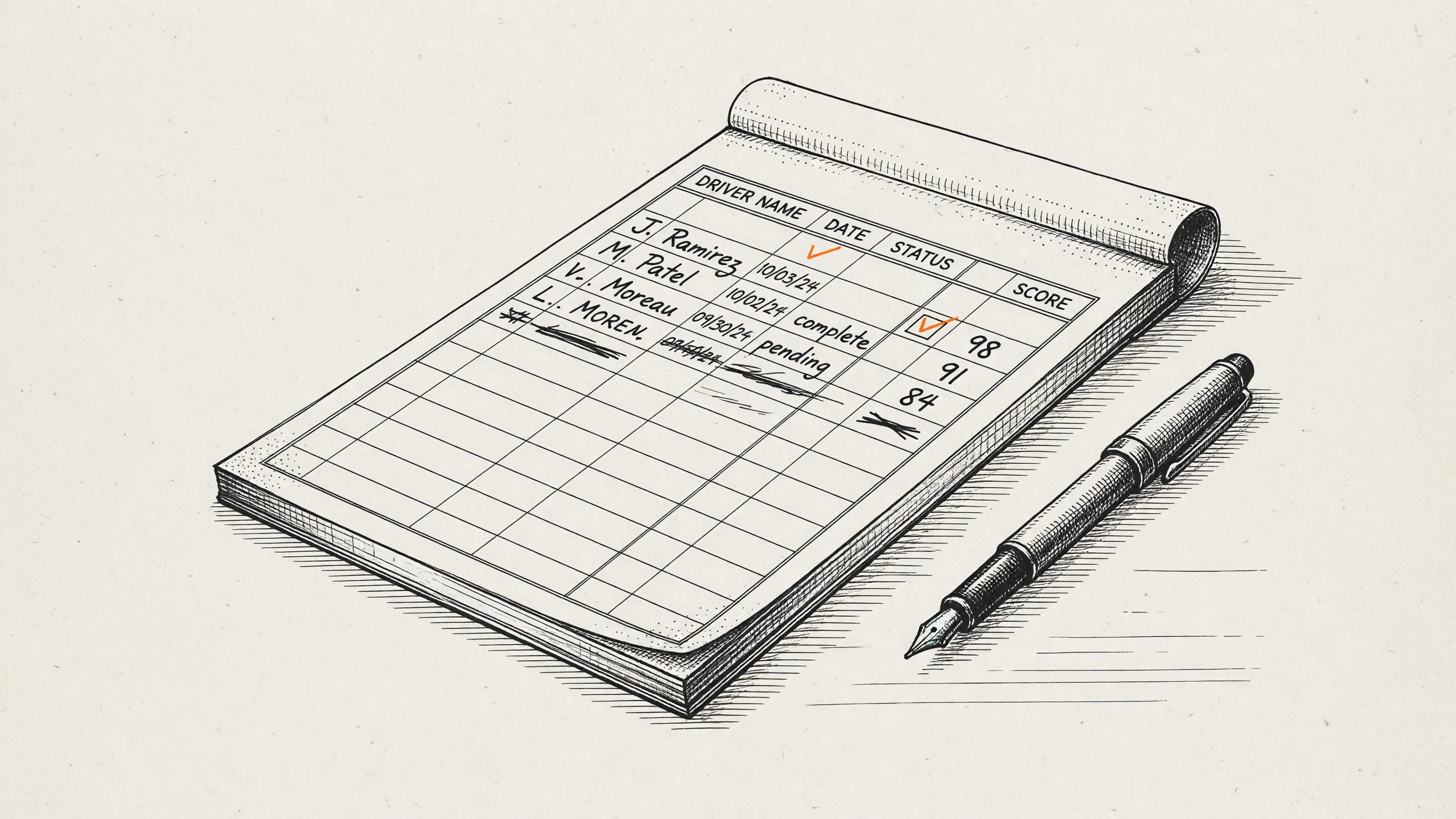 A hand-kept driver training log with columns for name, date, status, and score — the starting point a structured training record template replaces.