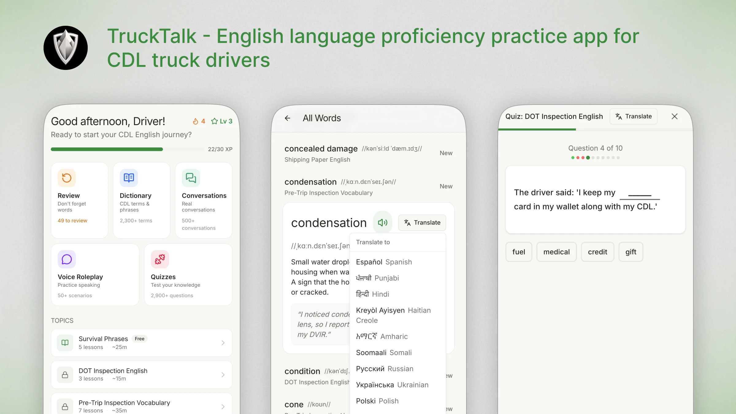 TruckTalk CDL English proficiency practice app showing study dashboard, vocabulary dictionary, and quiz interface