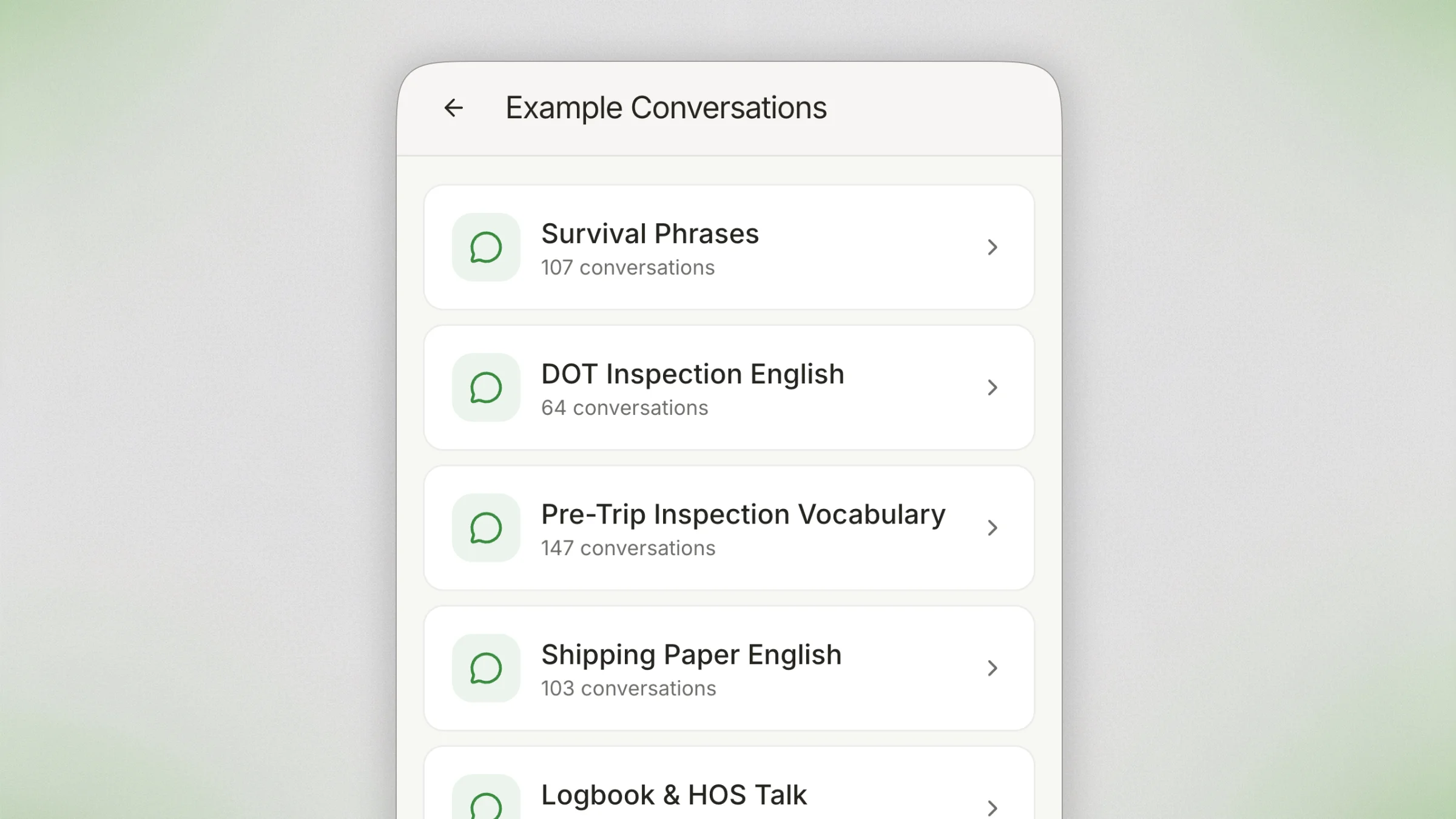 TruckTalk example conversations organized by topic including Survival Phrases, DOT Inspection English, Pre-Trip Inspection, Shipping Paper English, and Logbook and HOS Talk