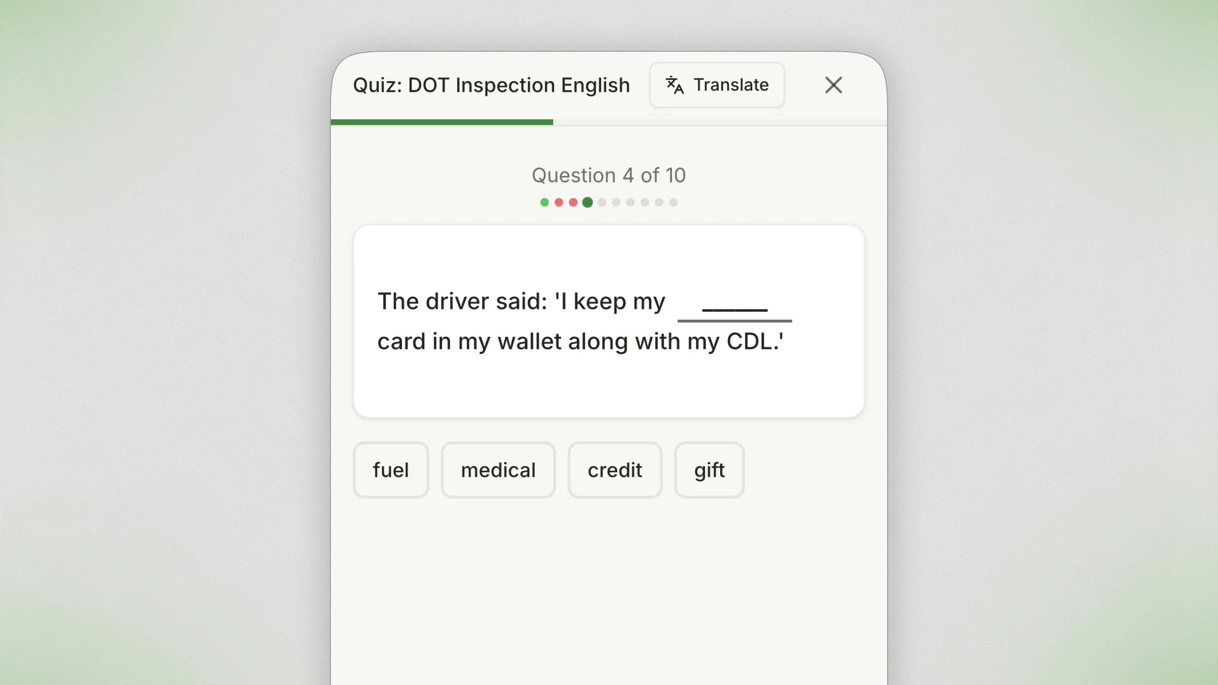 TruckTalk quiz showing a fill-in-the-blank question about CDL terminology with multiple choice answers