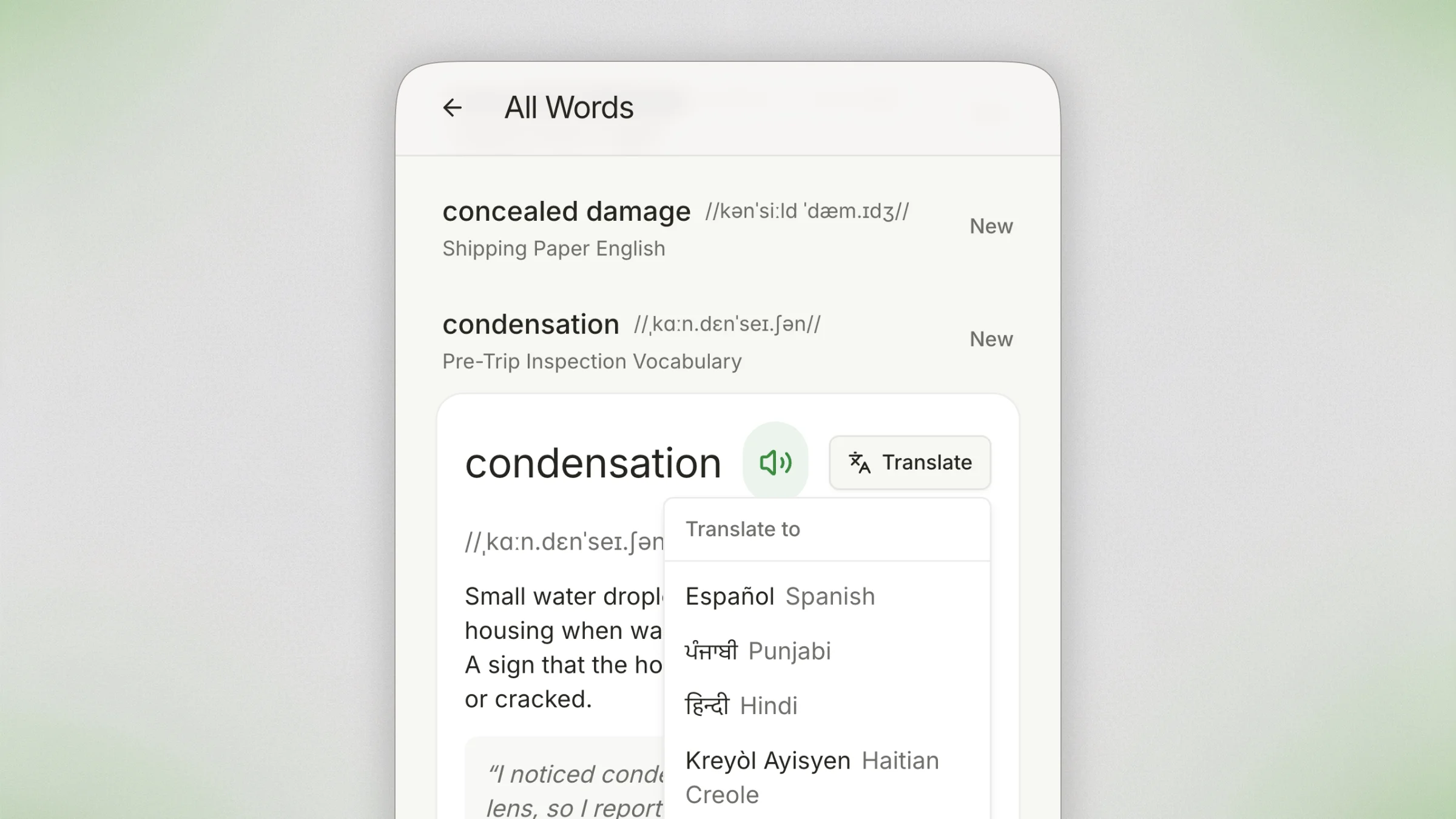 TruckTalk vocabulary dictionary showing CDL terms with phonetic pronunciation, definitions, and translation into 10+ native languages