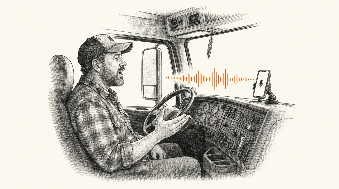 A driver in a parked cab speaking toward a dash-mounted phone, an orange voice waveform rising from the screen.