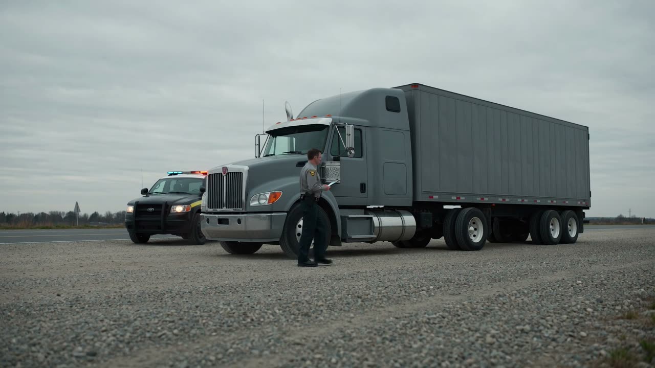 An officer walking toward a semi truck stopped at the roadside