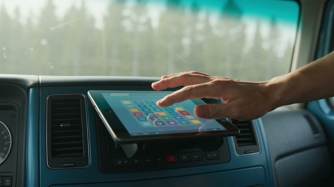 A hand tapping an ELD tablet mounted in a truck dashboard