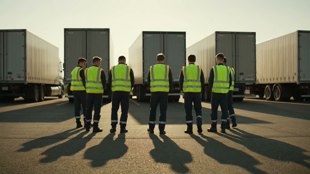 Drivers in safety vests huddled for a briefing between parked trailers