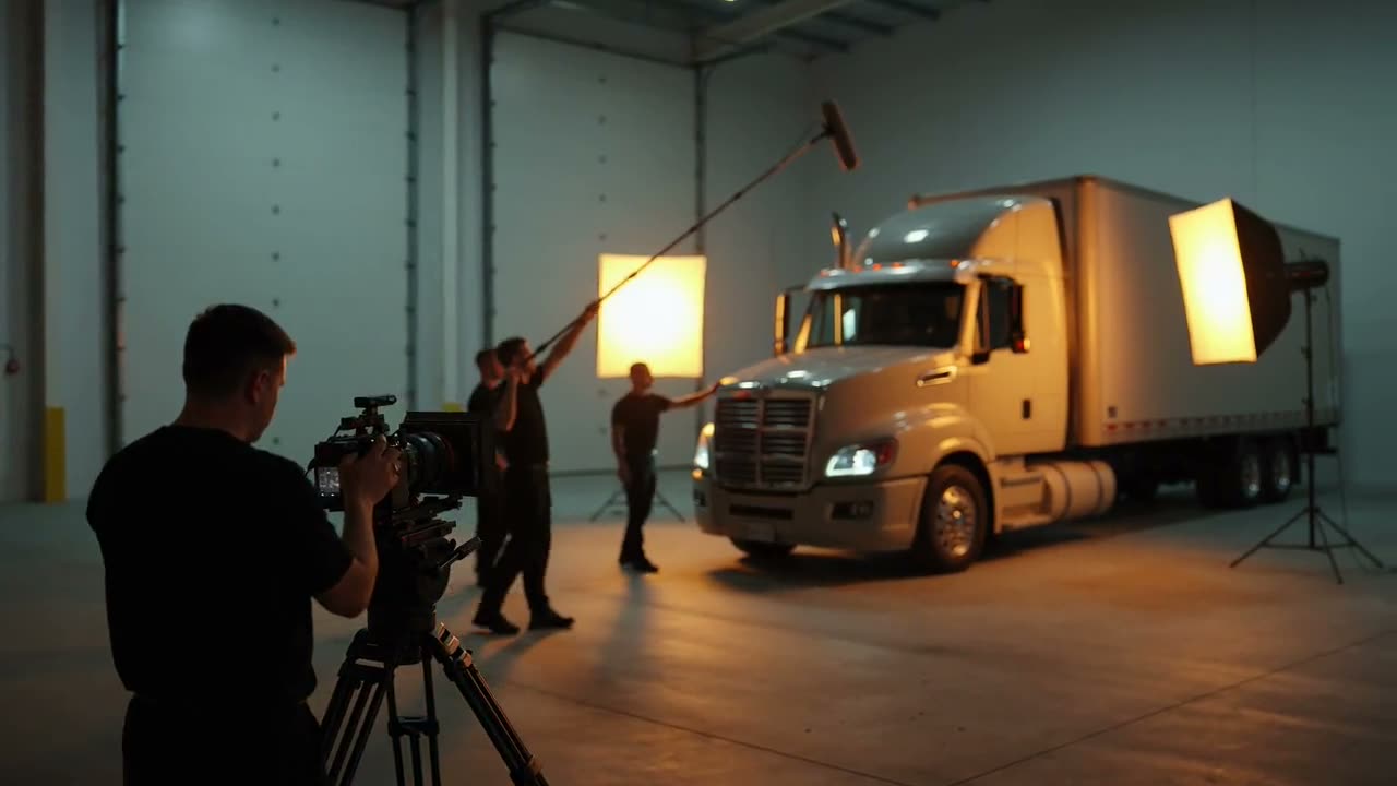 A film crew with lights and a cinema camera set up around a semi truck