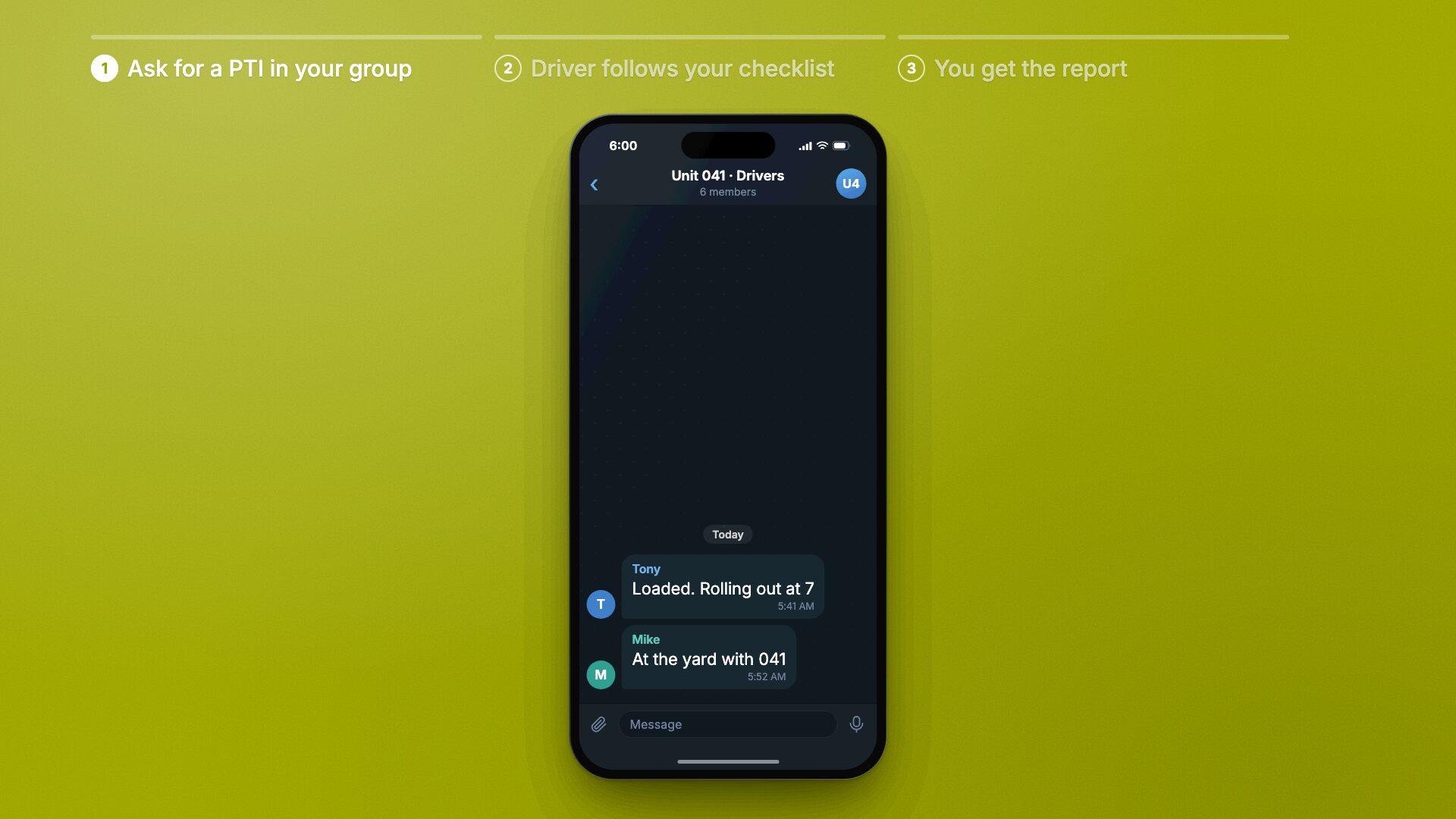 The Raisedash bot asks for an inspection in a Telegram group, the driver photographs each checklist step on their phone, and the report with 12 photos comes back to the group.